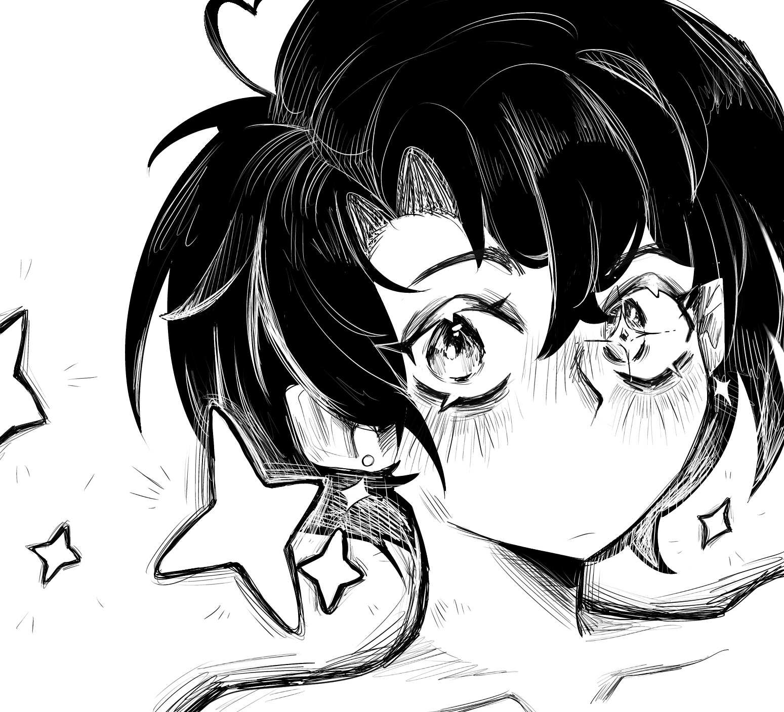 Digital monochrome sketchy styled drawing of short haired character looking at stars