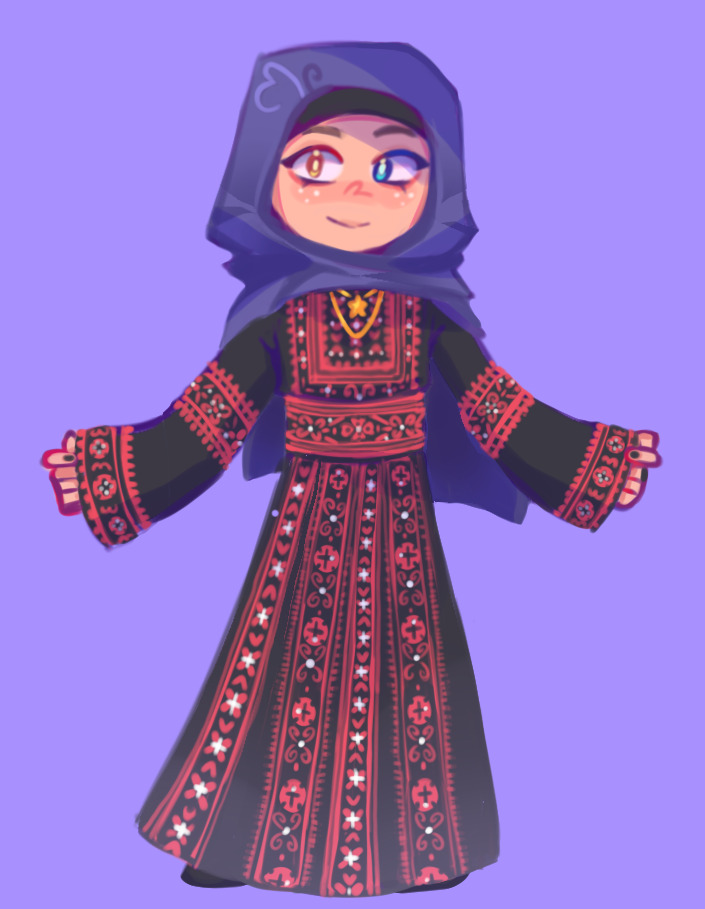 Digital drawing of person wearing a traditional Palestinian thobe