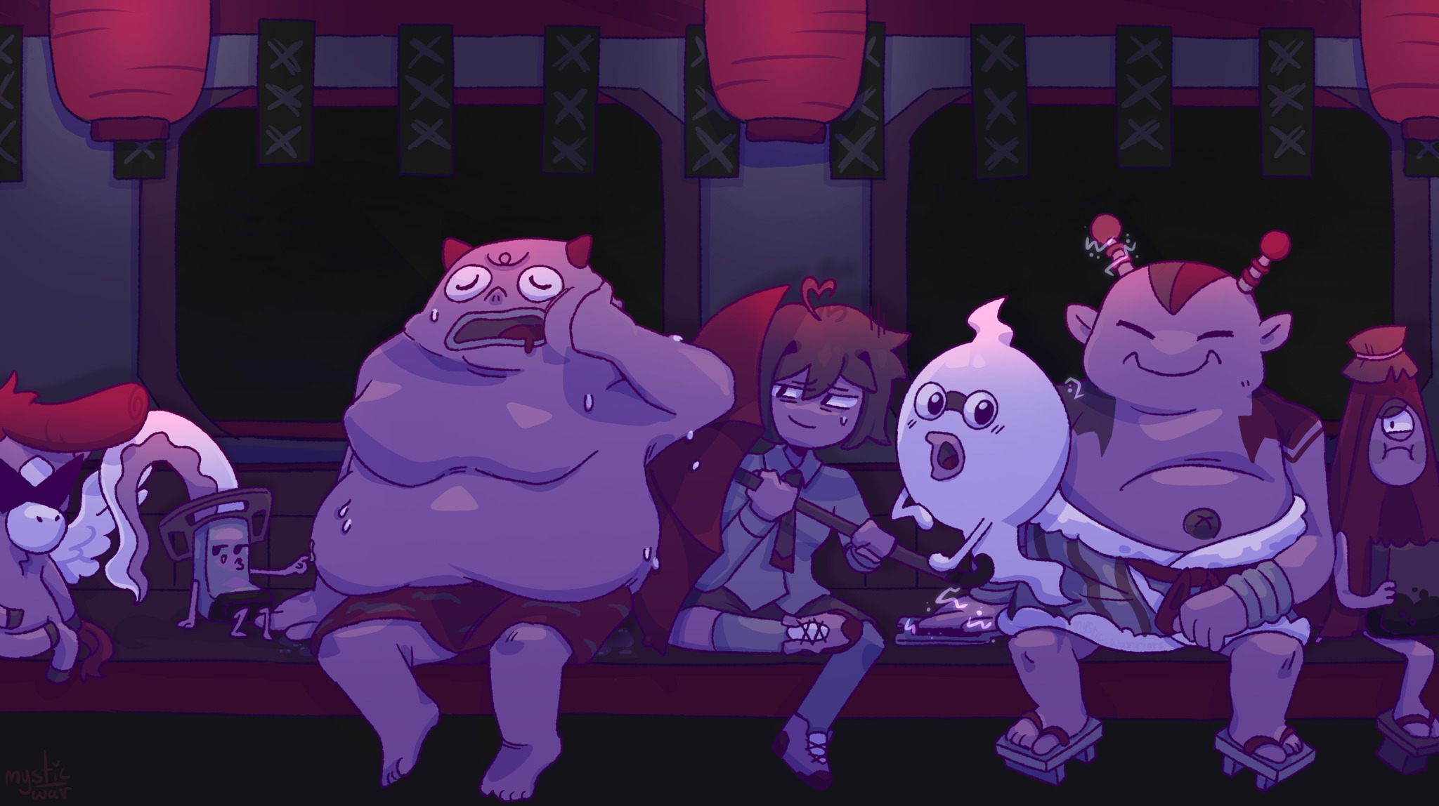 Digital drawing of many characters from series 'Yo-Kai Watch', sitting on a public bus together with heavily red lighting