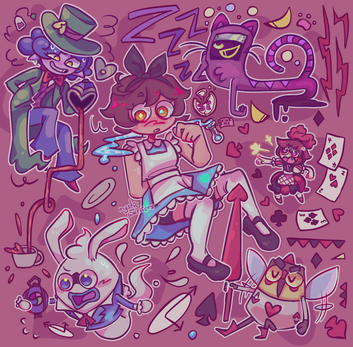 Digital drawing of many characters from series 'Yo-Kai Watch' dressing as 'Alice in Wonderland' characters