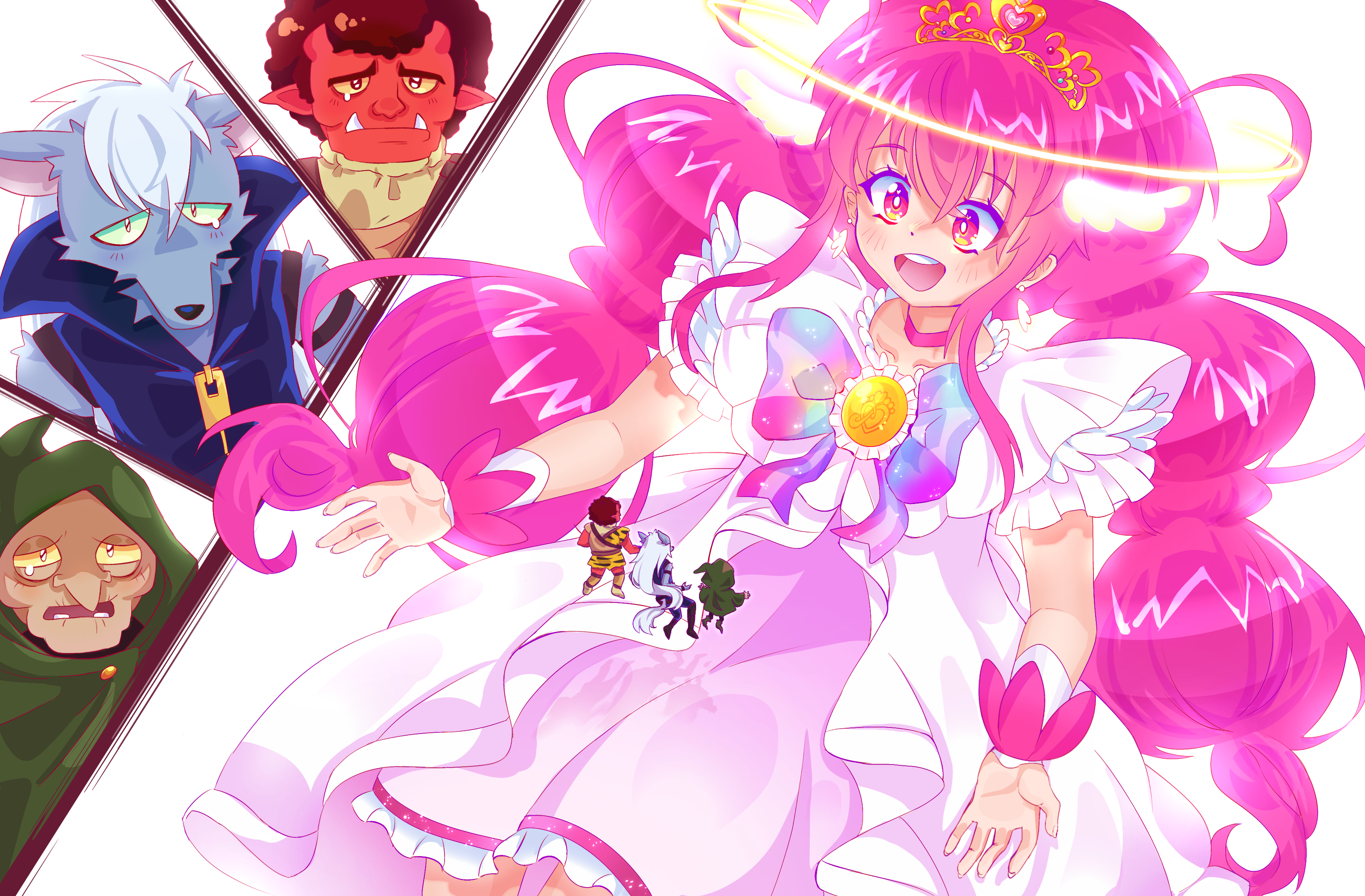 Digital Fanart for 2012 anime 'Glitter Force' or 'Smile Pretty Cure' featuring the main character 'Emily' comforting the main villains