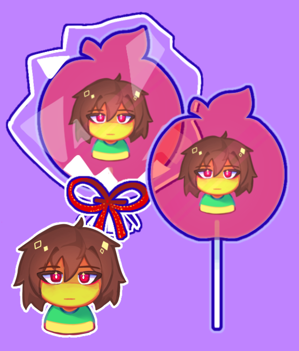 Digital mock-up of lollipop shaped keychain with a characters face in the center