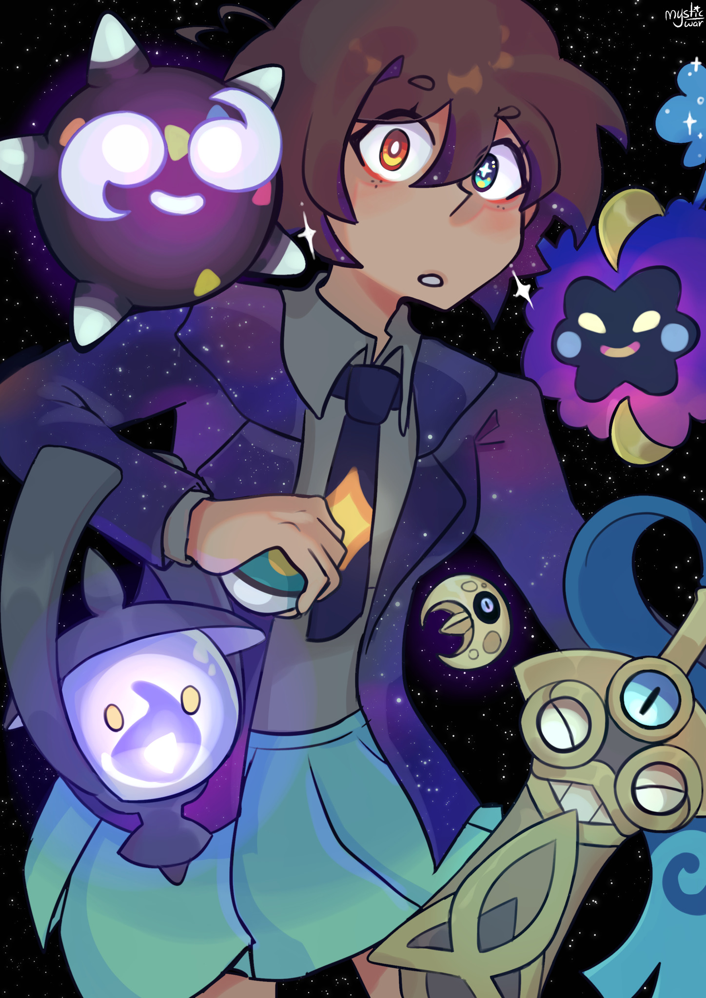 Digital drawing of galaxy-themed girl, with the characters 'Minior', 'Cosmog', 'Lunatone', 'Honedge', and 'Lampent' from 'Pokemon'