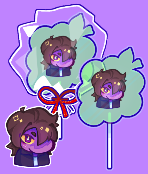 Digital mock-up of lollipop shaped keychain with a characters face in the center