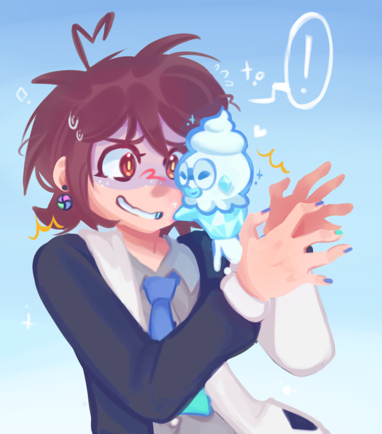 Digital drawing of ice-cream-like 'Pokemon' hugging a shocked/cold girl