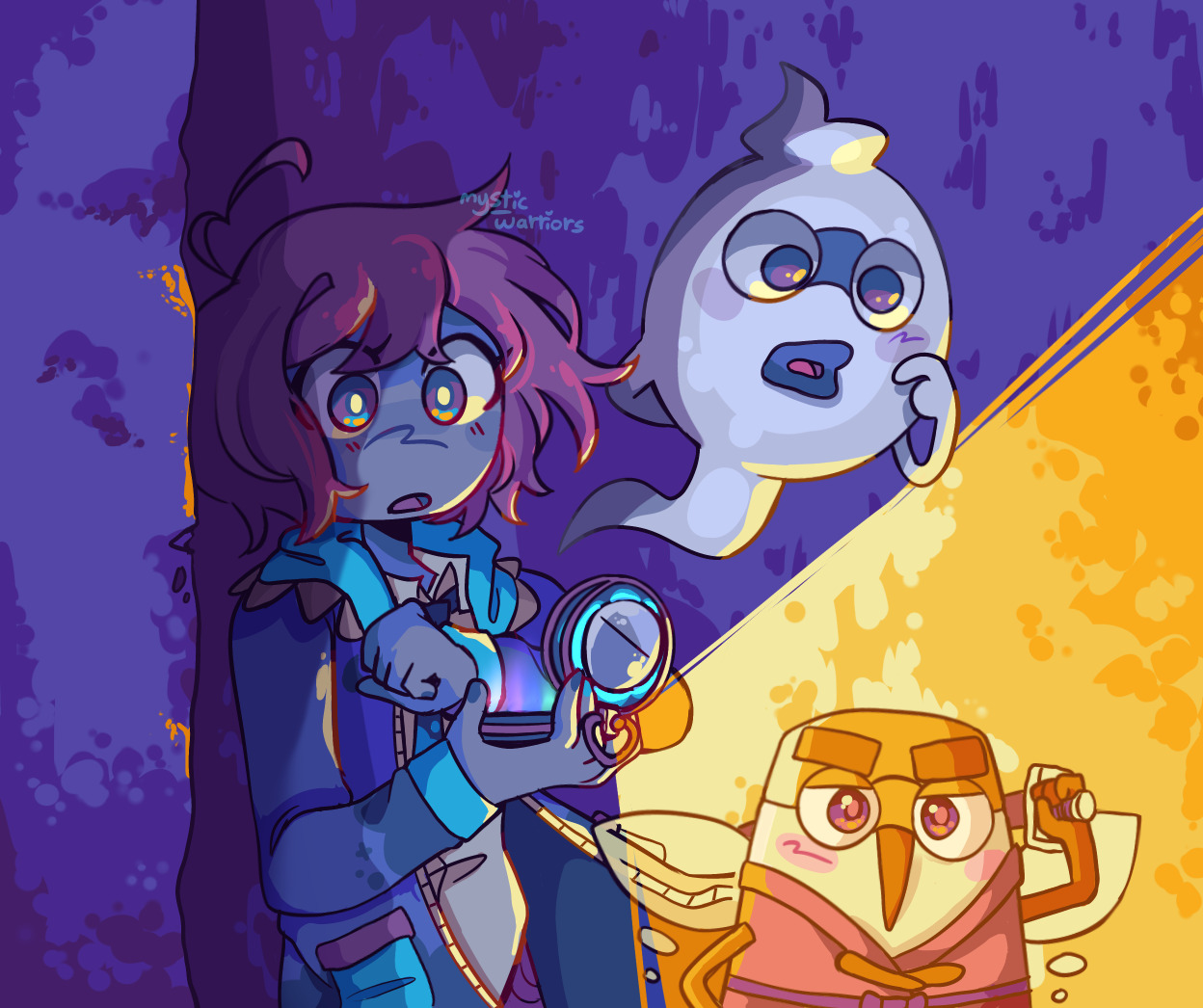 Digital art of girl shining a light beside characters 'Cadin' and 'Whisper' from 'Yo-Kai Watch' with hich colour contrast